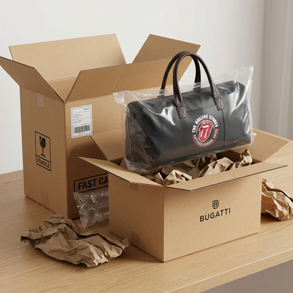 A premium unboxing scene of the Bugatti The Rolling Stones watts duffle bag from nested shipping boxes.