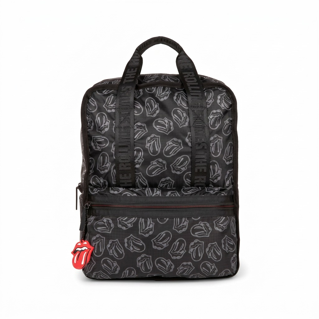 Bugatti BKP6013RS Rolling Stones black ripstop backpack with tongue logo pattern and zipper charm.