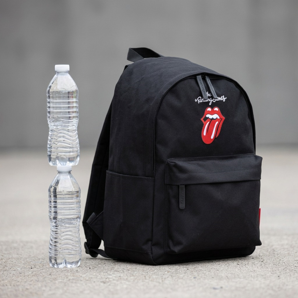 PDP scale reference image of The Rolling Stones Core Backpack beside a stack of three standard water bottles.