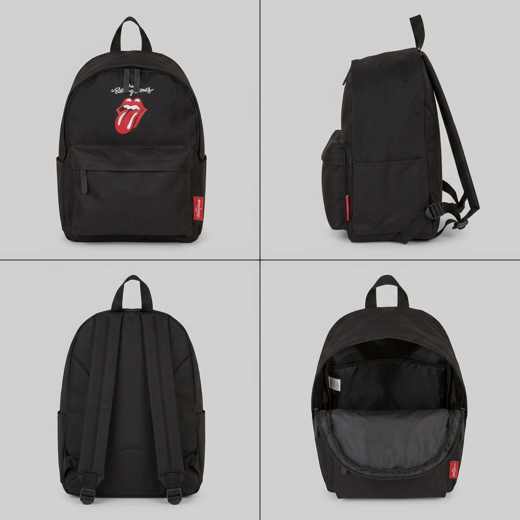 A clean grid displaying the black Bugatti The Rolling Stones canvas backpack from four useful angles: front, side, back, and open.