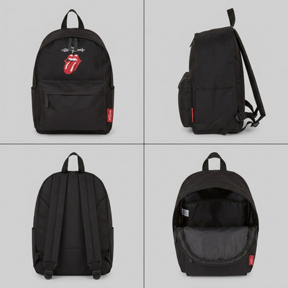 A clean grid displaying the black Bugatti The Rolling Stones canvas backpack from four useful angles: front, side, back, and open.
