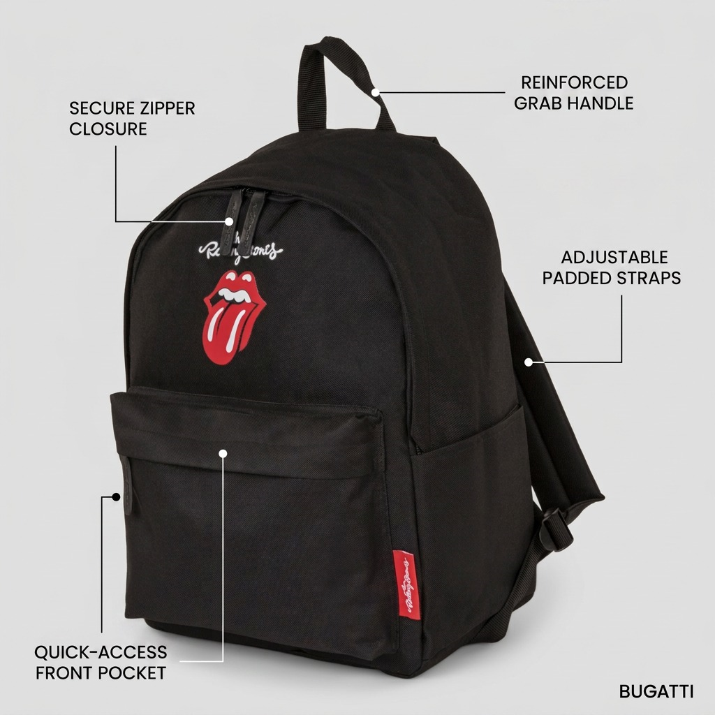 Product graphic callouts for Bugatti Rolling Stones backpack's operational features.
