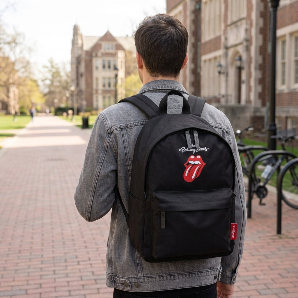 Lifestyle shot of a student comfortably wearing the black Bugatti The Rolling Stones canvas backpack on a university campus path.
