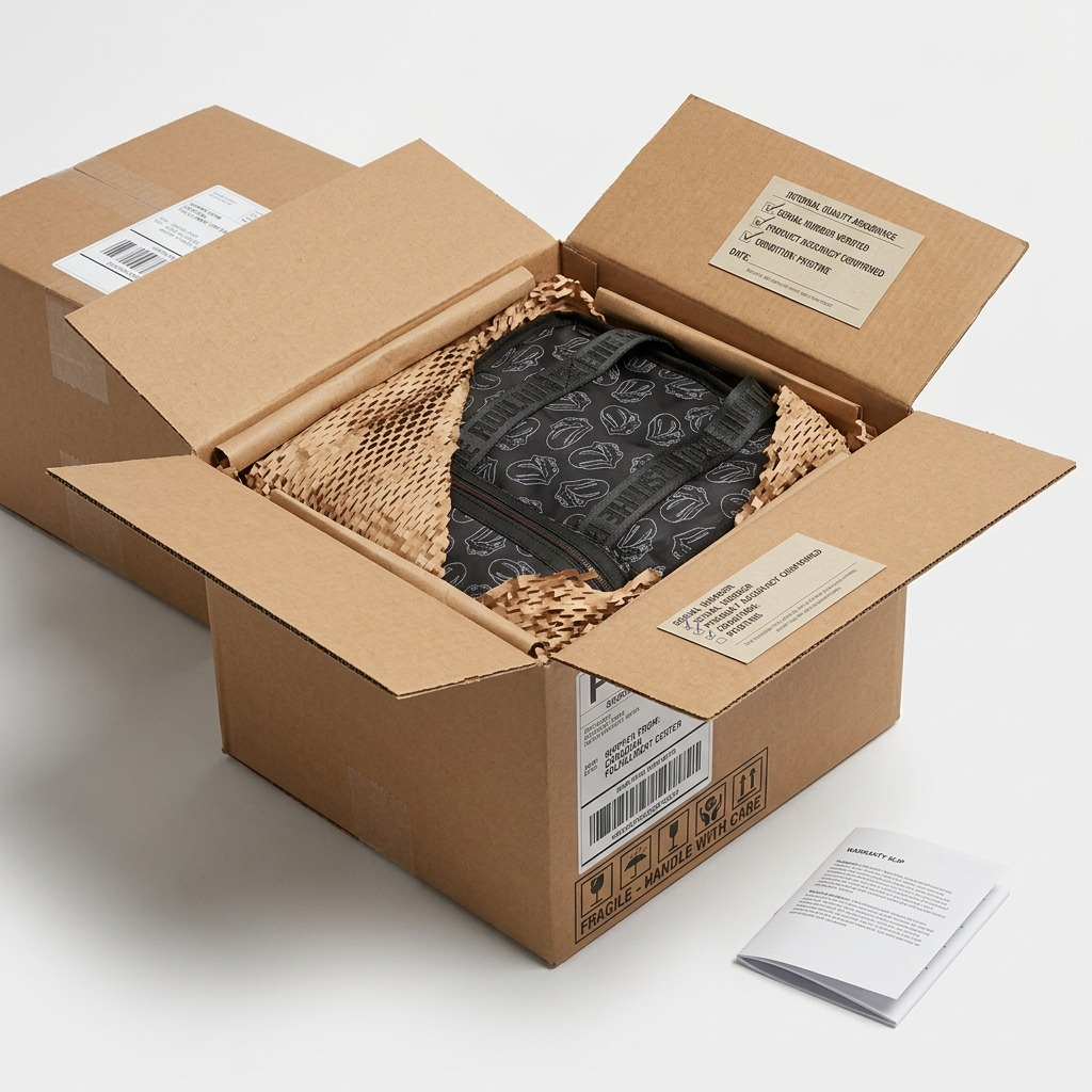 A pristine Rolling Stones backpack is carefully unboxed from secure shipping materials.