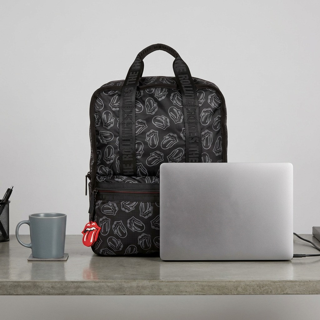 An image of the Bugatti Rolling Stones Evolution Backpack on a desk next to a 13-inch laptop.