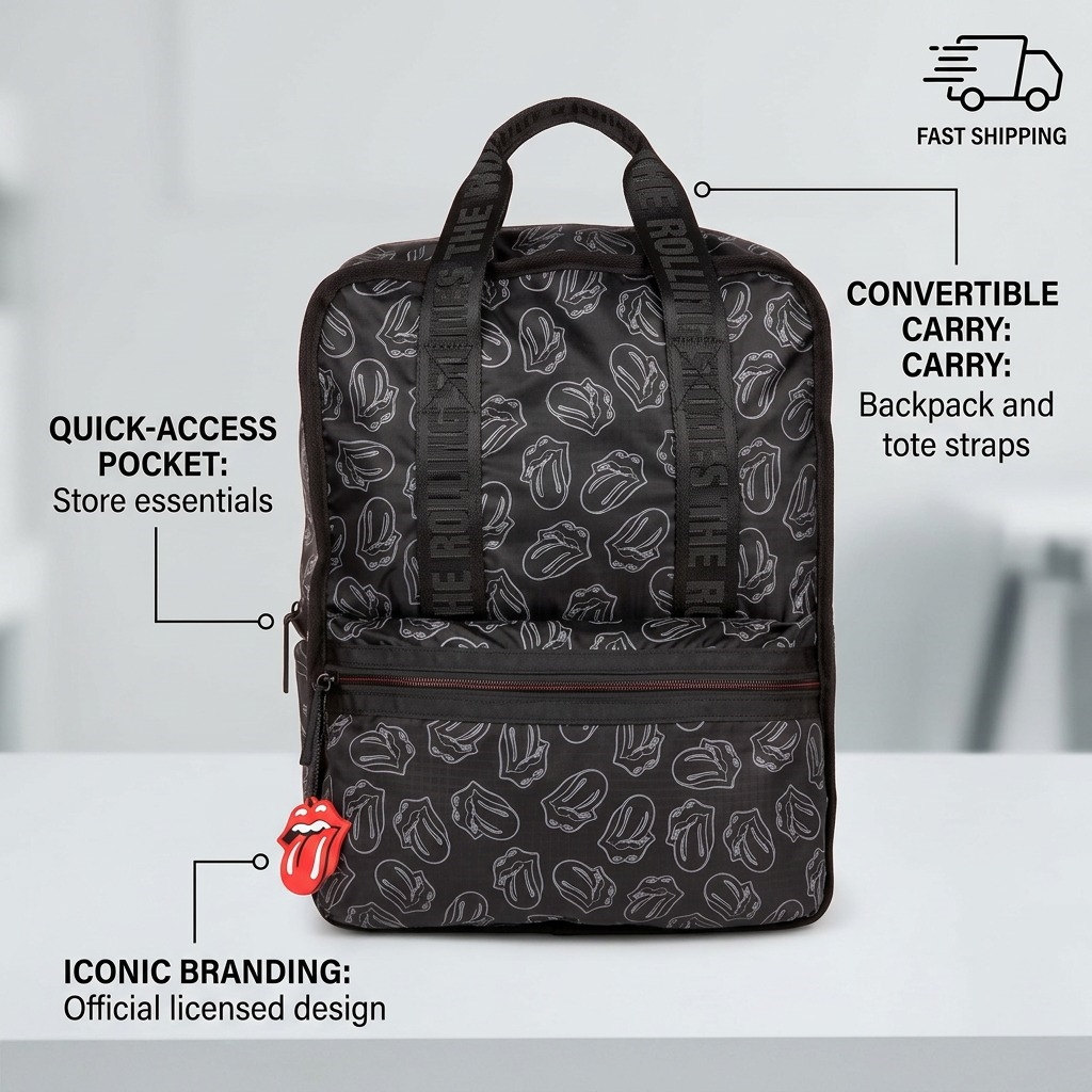 Bugatti BKP6013RS backpack infographic with callouts for pockets, carry options, and authentic branding.