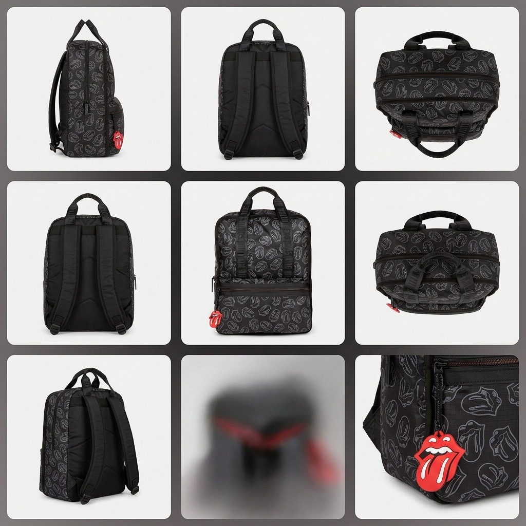 A six-part grid displaying the black The Rolling Stones backpack from different angles, including front, side, back, top, bottom, and three-quarter view.