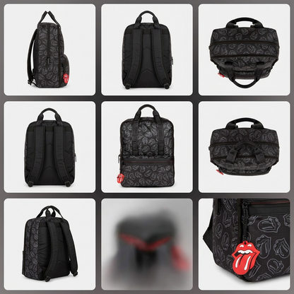 A six-part grid displaying the black The Rolling Stones backpack from different angles, including front, side, back, top, bottom, and three-quarter view.
