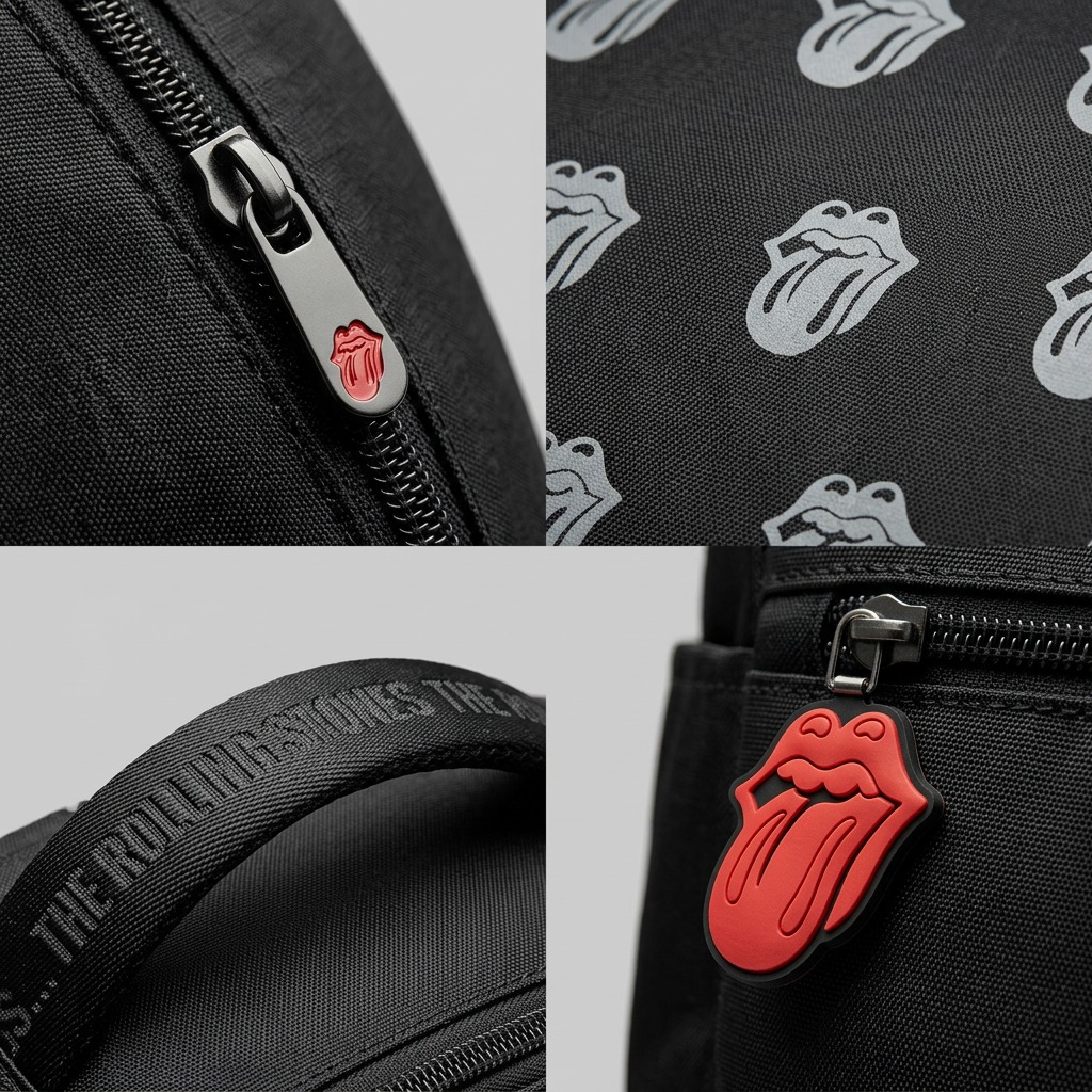 Macro detailed view of black ripstop fabric on Bugatti Rolling Stones backpack with tongue logos.