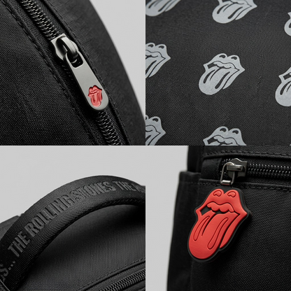 Macro detailed view of black ripstop fabric on Bugatti Rolling Stones backpack with tongue logos.