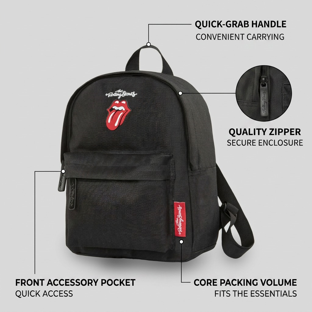 E-commerce feature shot of a black Rolling Stones mini backpack by Bugatti, detailing key components.