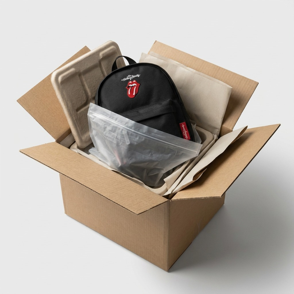 An unboxing scene shows The Rolling Stones mini backpack meticulously protected in a durable, well-packed shipping box.