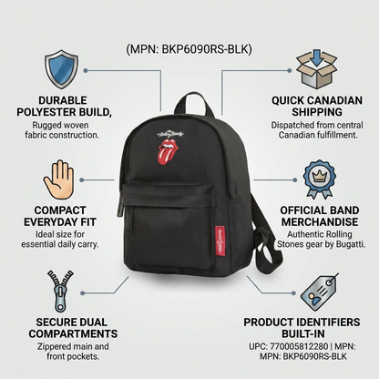 Trust and authority infographic for The Rolling Stones mini backpack, detailing build and shipping.