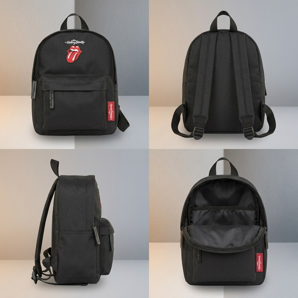 A premium grid matrix displaying the black polyester mini backpack from multiple useful viewing angles.