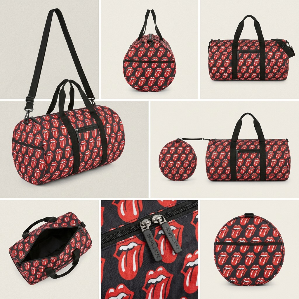 A 3x2 grid of photos displaying the specific Rolling Stones duffle bag from different angles. Regular, end, and close-up views showing print details, handles, straps, and zippers. All views are on a plain off-white background with clear, even lighting, forming a practical product matrix.