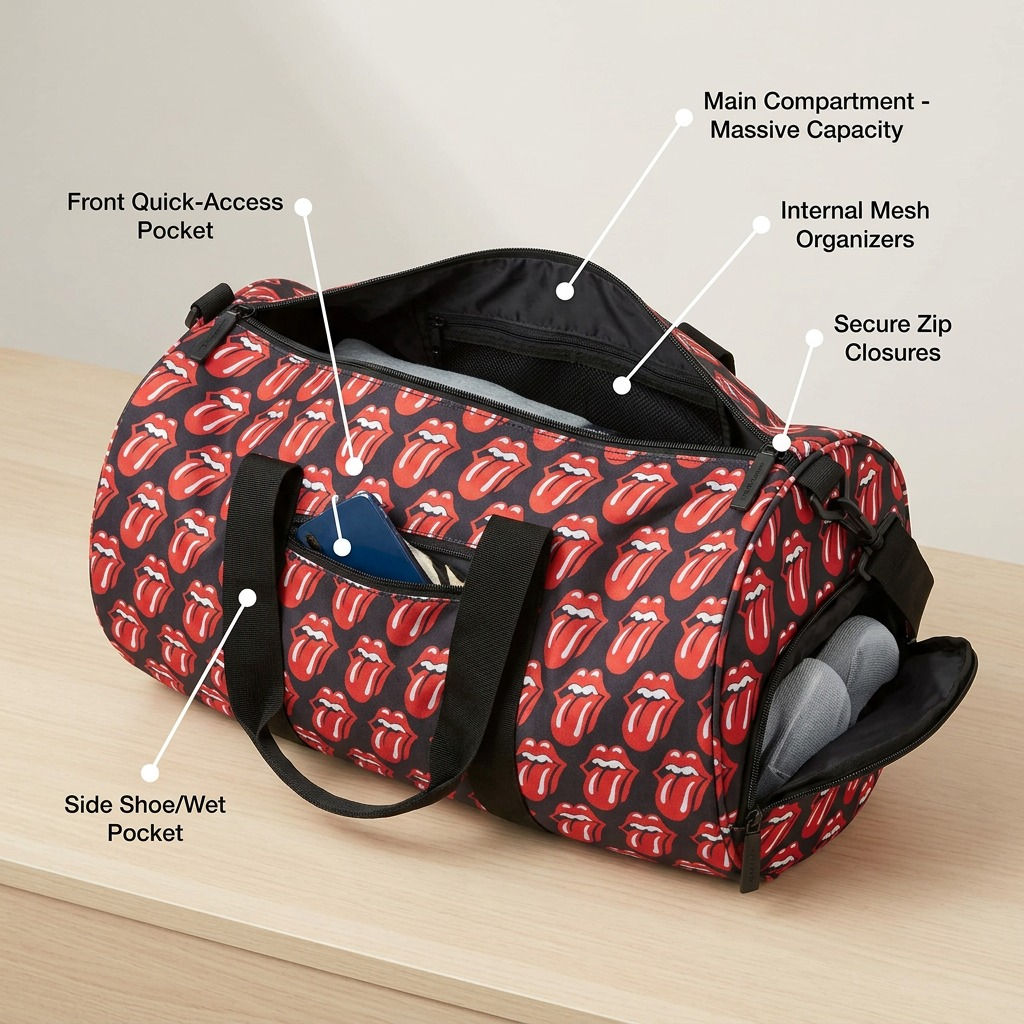 Rolling Stones duffle bag showing various open compartments with informational text labels.