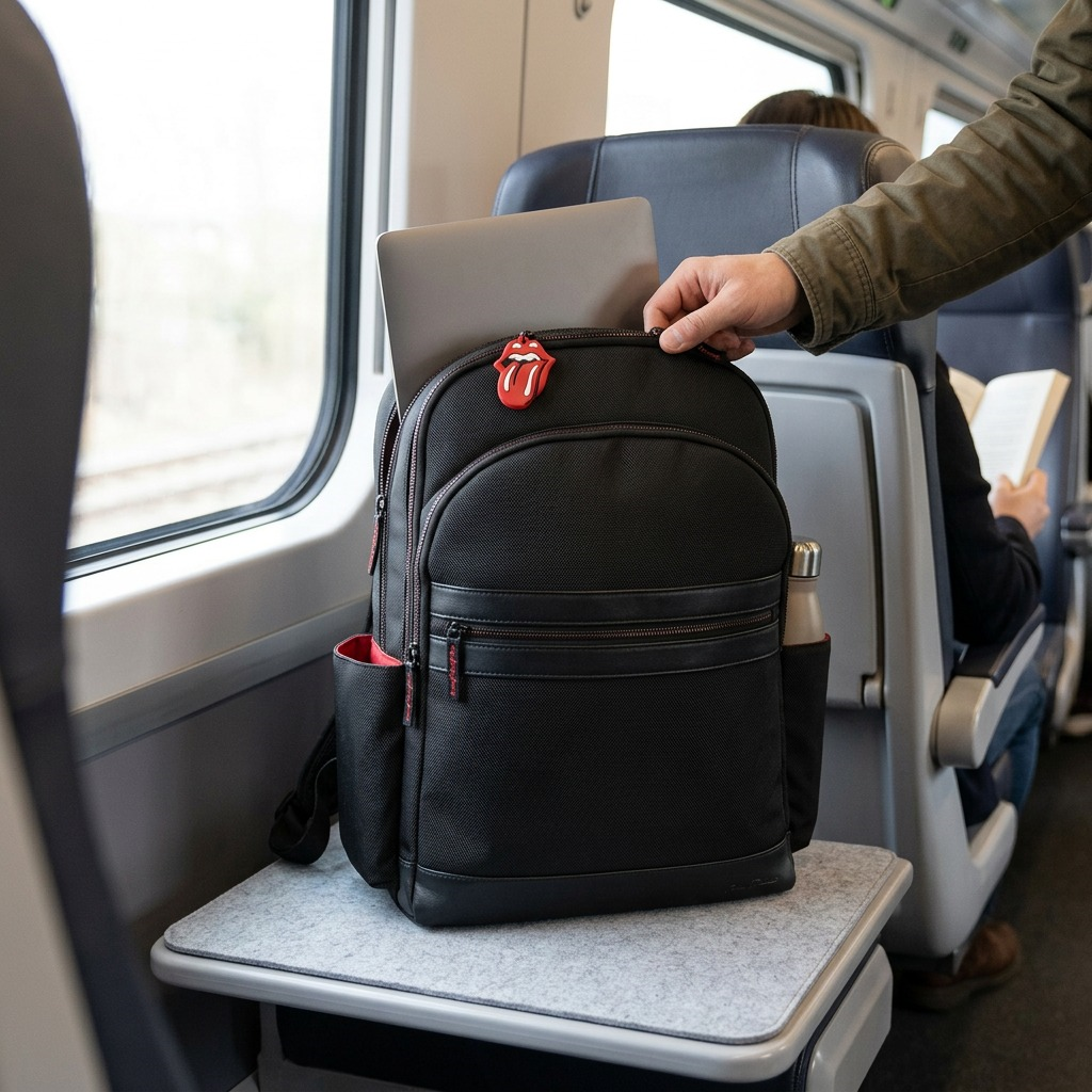 Lifestyle product photo: a black The Rolling Stones branded backpack, shown at work with a laptop.