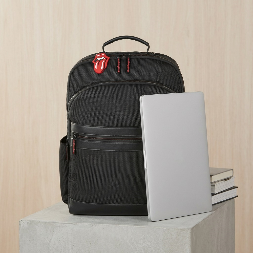 Scale reference photo: The Rolling Stones backpack next to a 15-inch laptop and books for size.
