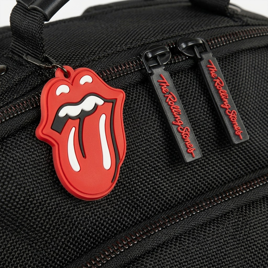 An extreme close-up photograph of the Rolling Stones red tongue logo charm, the "The Rolling Stones" text on the zipper pulls, and the detailed black ballistic nylon fabric of the Bugatti backpack. The image uses premium, angled lighting to highlight the textures of the materials, with a realistic shallow depth of field.<ctrl46>