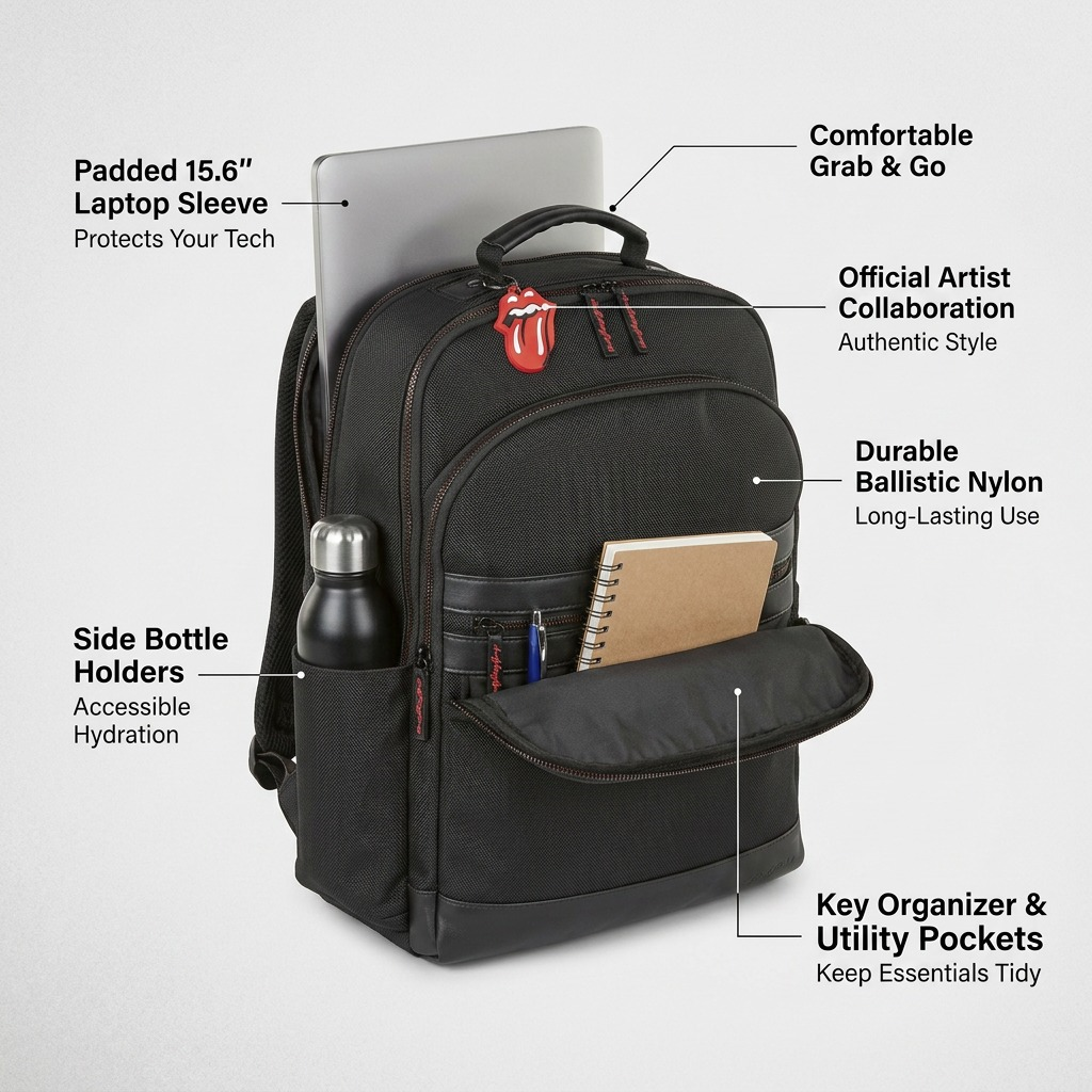 A feature chart highlighting key functions of the Bugatti Rolling Stones backpack.