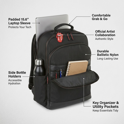 A feature chart highlighting key functions of the Bugatti Rolling Stones backpack.