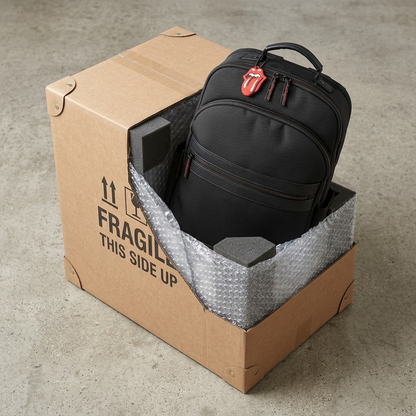 A 3/4 view of the black Rolling Stones backpack, a hand is opening a sturdy shipping box, showing corner protectors and bubble wrap inside. The classic red tongue logo hangtag is clearly visible.