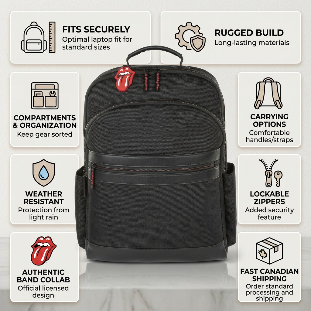 Trust and authority infographic on a clean matrix for the Bugatti The Rolling Stones Flashpoint Backpack.