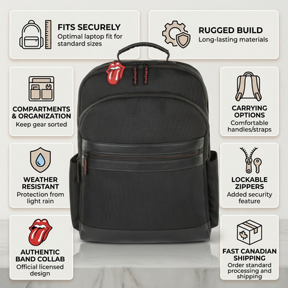 Trust and authority infographic on a clean matrix for the Bugatti The Rolling Stones Flashpoint Backpack.