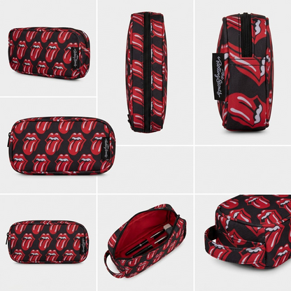 An ecommerce product detail page showing a clean, premium grid of "The Core" Rolling Stones pencil cases. Based on image_0.png, the grid includes six panels showing the product from different angles: perspective view, a detailed side view of the black zipper and side flap, a rear view showing a full pattern, an open interior view with red lining and a couple of items inside, and a bottom handle view. The composition uses neutral, product-led styling.