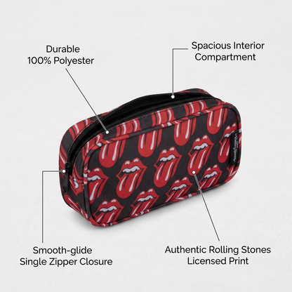 An e-commerce image highlighting features of The Rolling Stones Core Pencil Case. Callouts point to the durable polyester fabric, smooth-glide zipper, iconic band logo print, and its spacious interior. The pencil case sits on a clean, light surface with office supplies.