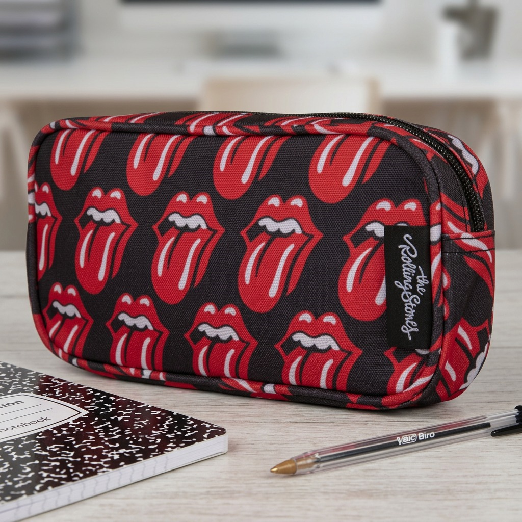 Scale reference for Bugatti Rolling Stones pencil case: 16:9 view beside a standard composition notebook on a desk.