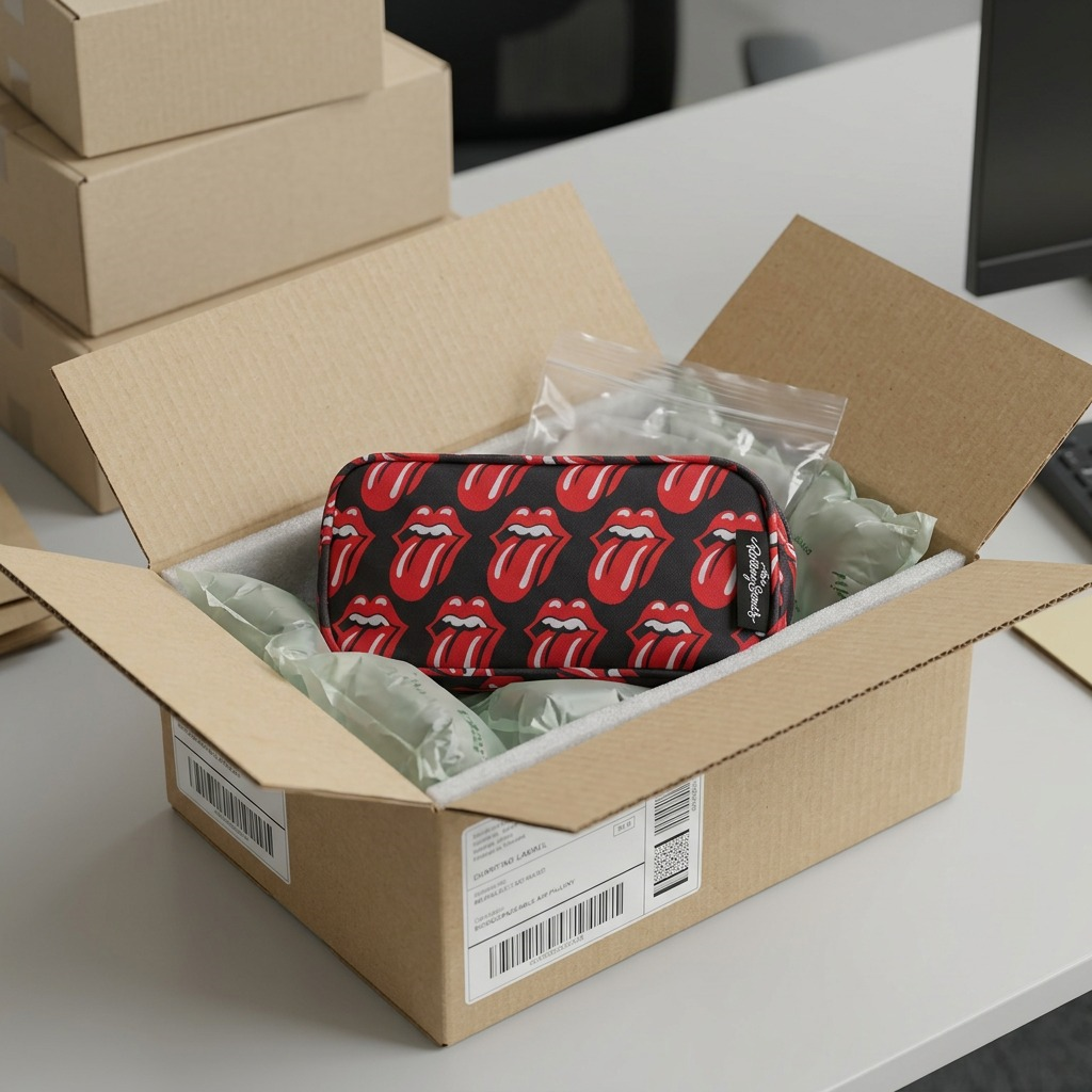 Package content unboxing scene of a black and red The Rolling Stones tongue logo pencil case.