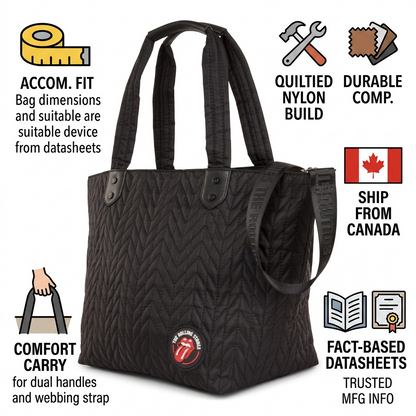 A product infographic showcasing the Bugatti Rolling Stones tote bag with five trust and detail icons.