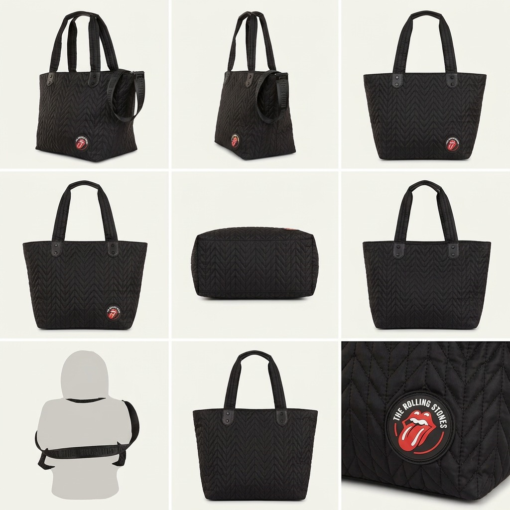 A 3x2 grid of the Rolling Stones tote bag from different angles, showing its black quilted fabric, shoulder strap and red tongue logo, with no added text.
