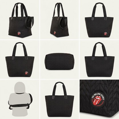 A 3x2 grid of the Rolling Stones tote bag from different angles, showing its black quilted fabric, shoulder strap and red tongue logo, with no added text.