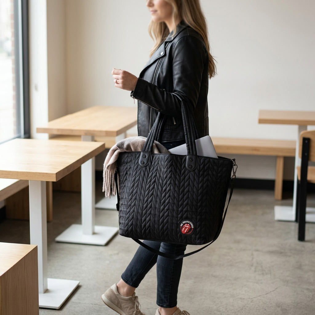 A person comfortably carrying the quilted The Rolling Stones tote bag, showing its size and the iconic red tongue logo.