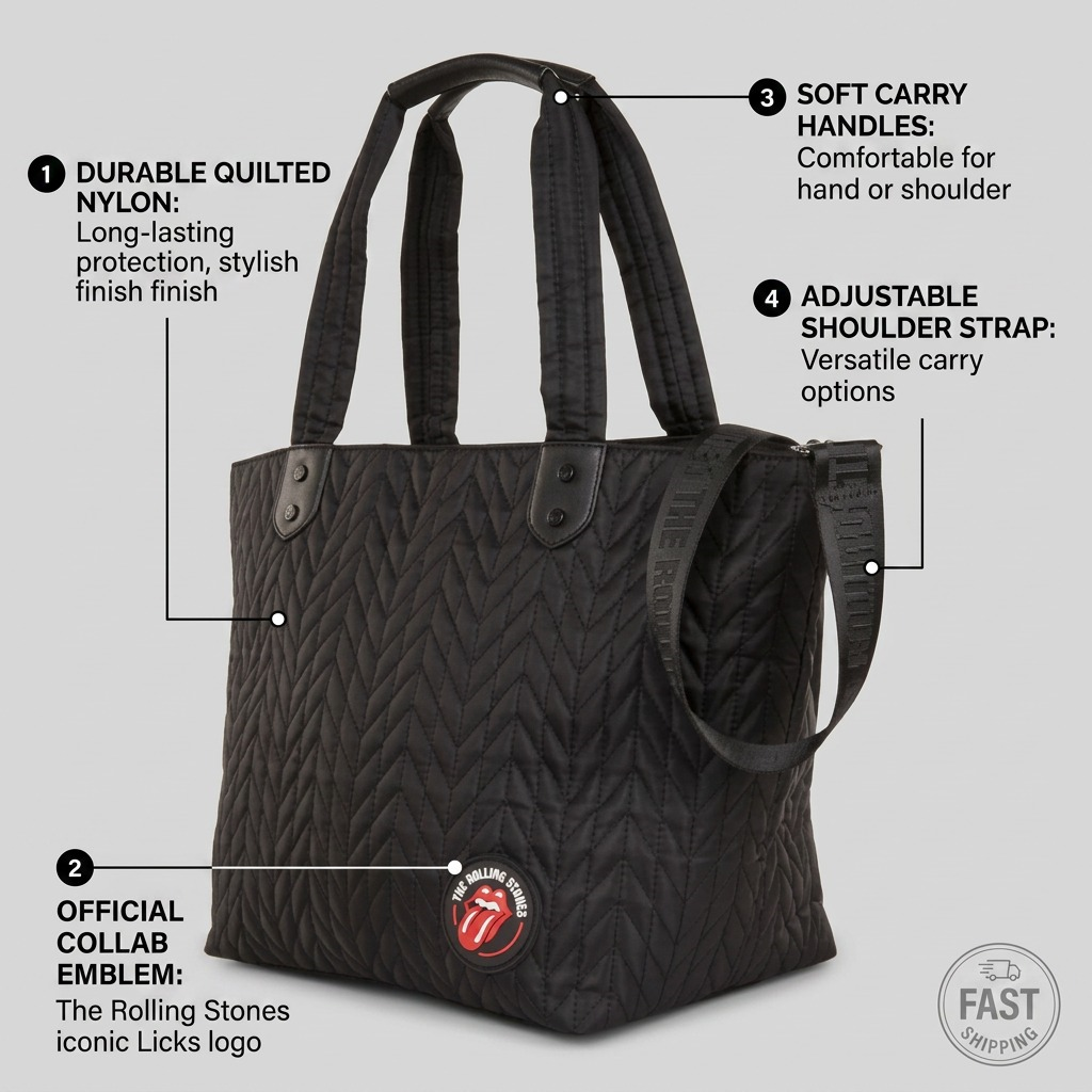Infographic of the The Rolling Stones tote with feature callouts for material and strap.
