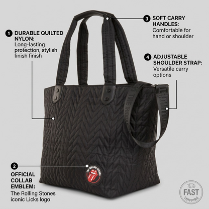Infographic of the The Rolling Stones tote with feature callouts for material and strap.