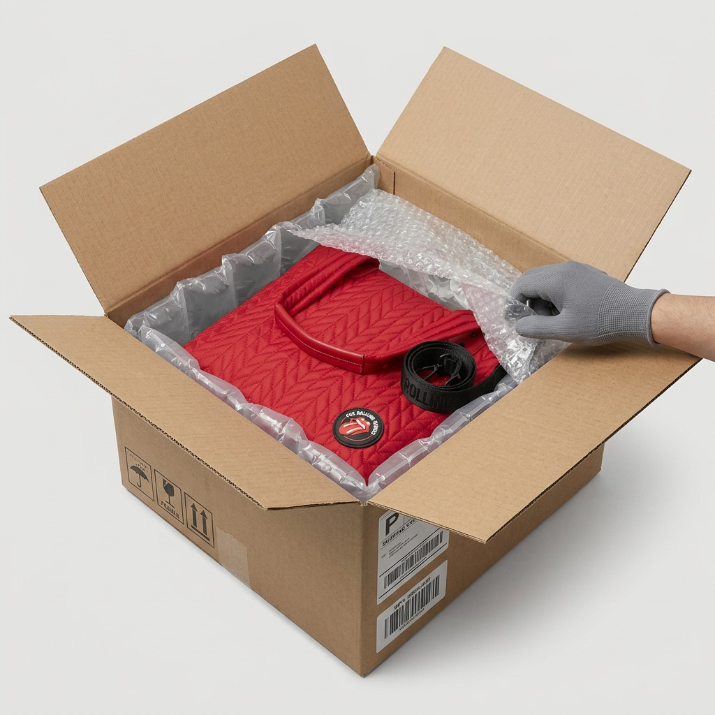 The Rolling Stones Iconic tote bag in its protective shipping box with bubble wrap, showing a focus on safe delivery and pristine unboxing.