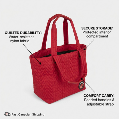 An infographic of the Randmar red quilted tote bag, highlighting three key operational features with short, factual captions and pointer lines.