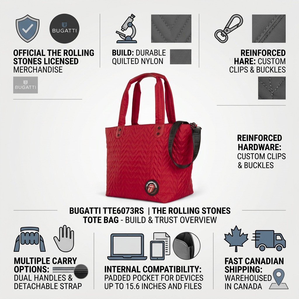 A product information infographic for the Rolling Stones quilted tote bag, detailing its official branding and construction.