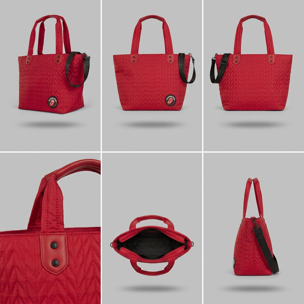 A premium 3x2 grid display showcasing six clean, detailed angled views of The Rolling Stones quilted red tote bag.