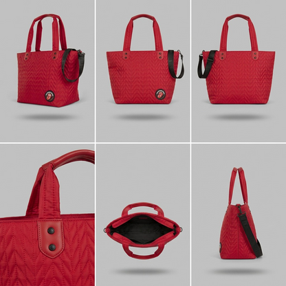 A premium 3x2 grid display showcasing six clean, detailed angled views of The Rolling Stones quilted red tote bag.