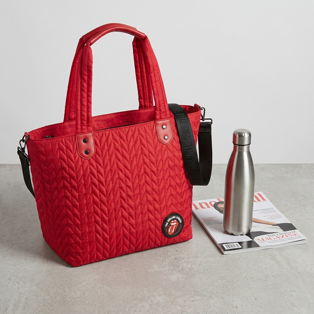 Product image of the red quilted The Rolling Stones tote bag shown sitting next to a reusable water bottle and a standard magazine, providing a clear visual representation of its physical dimensions.