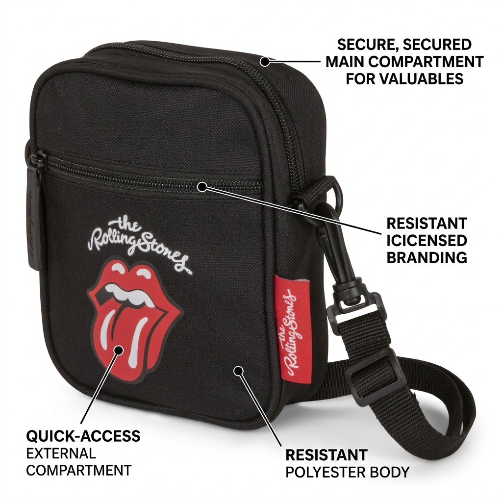 The Rolling Stones crossbody bag CBY6018RS with callouts highlighting its key features and durable polyester construction.