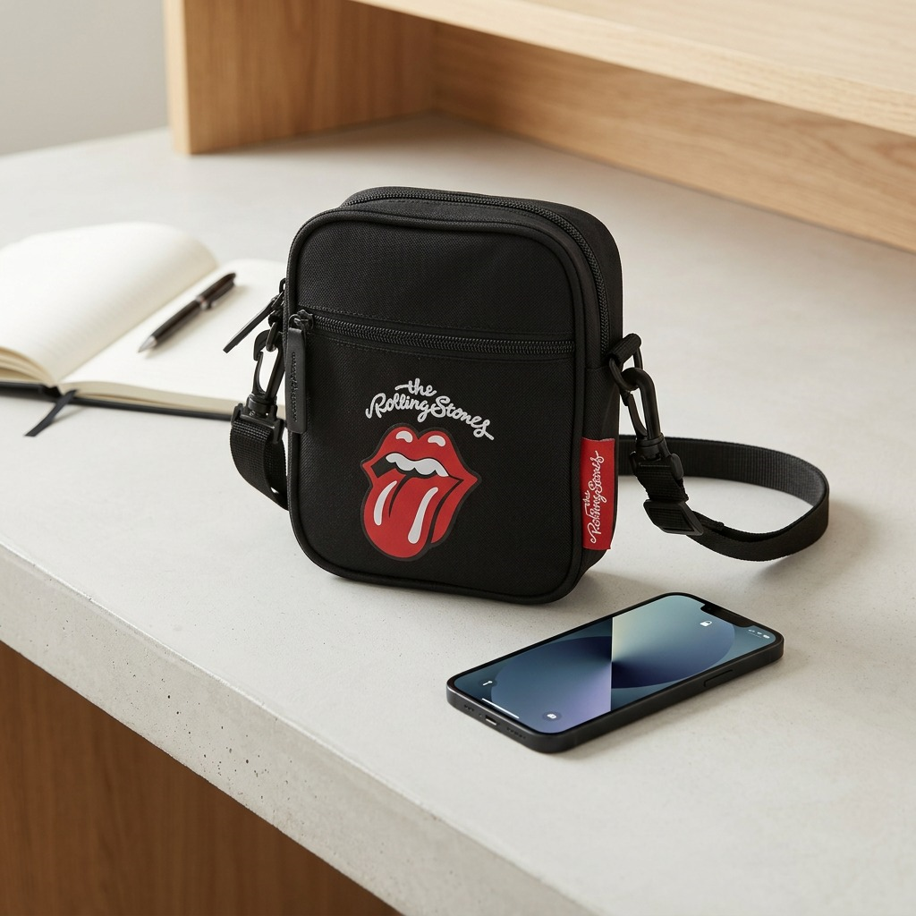 Scale image of The Rolling Stones small crossbody bag next to a standard smartphone on a desk.