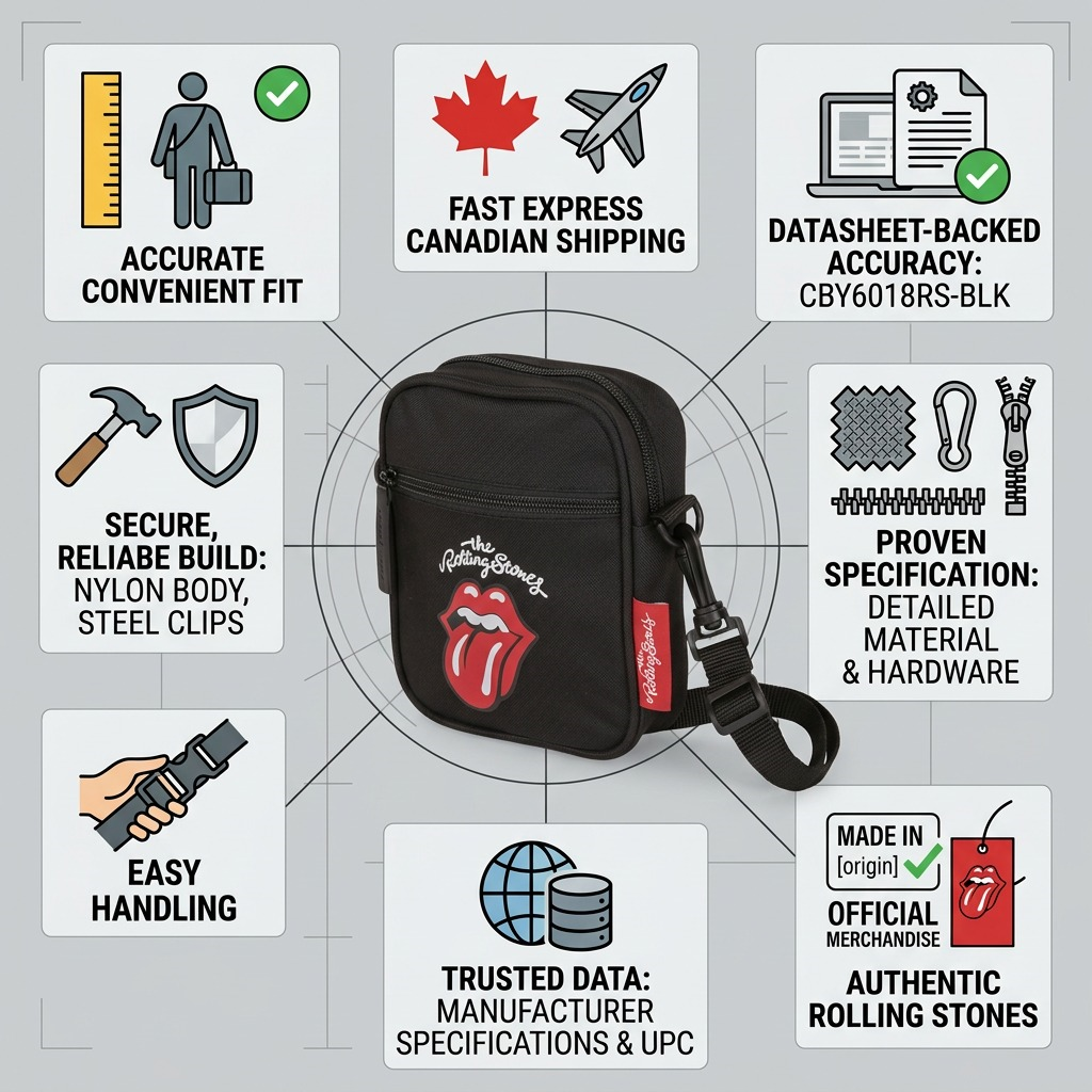 Trust and authority infographic layout for the Rolling Stones crossbody bag.