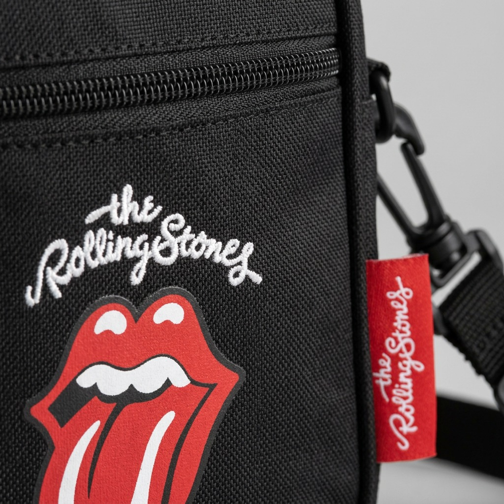Extreme close-up of The Rolling Stones logo, showing textured embroidery on black canvas and a detailed view of its red label.