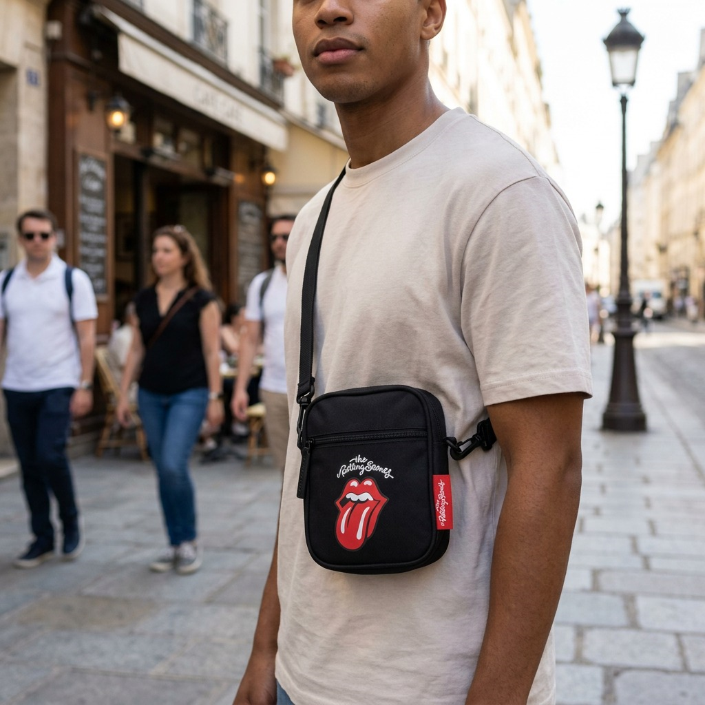 Lifestyle shot of a person worn "The Rolling Stones" crossbody bag, natural outdoor light.
