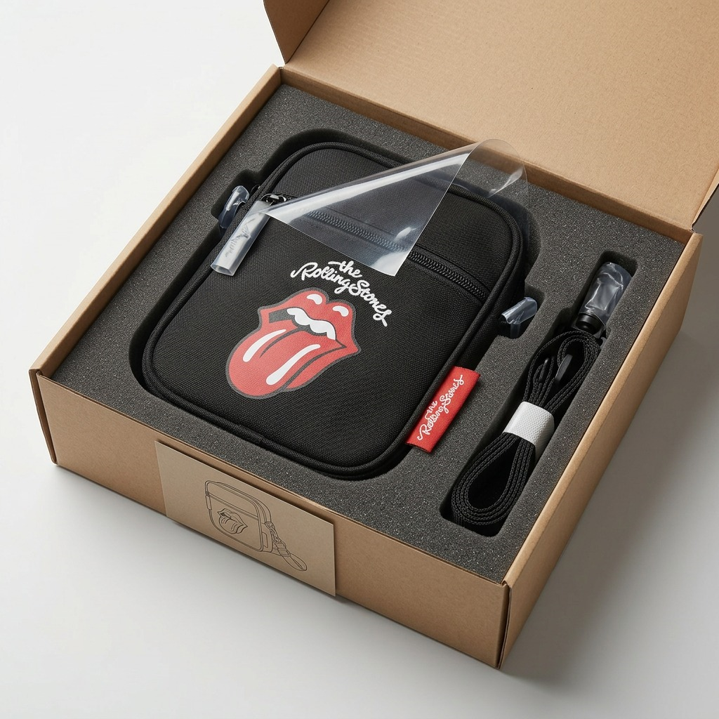 A photo of the small Rolling Stones crossbody bag from image_0.png, resting in a padded shipping box with clean padding and unboxing confidence.